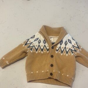 Kids Shawl Collar Fair Isle Cardigan Sweater - Tan & White
